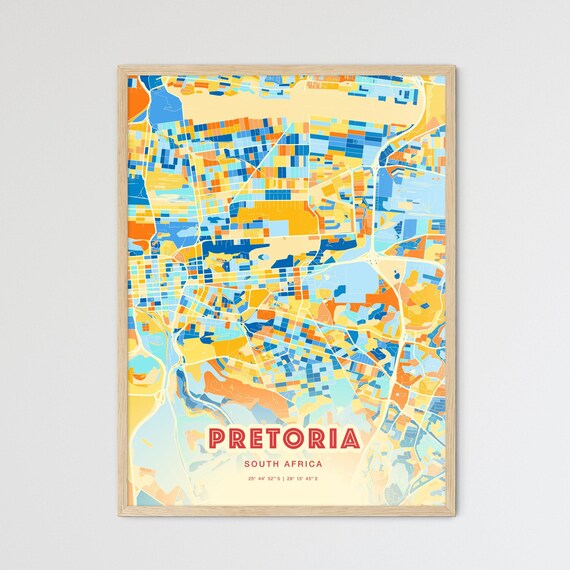 Pretoria South Africa City Map Abstract Blue Orange Modern Art Print