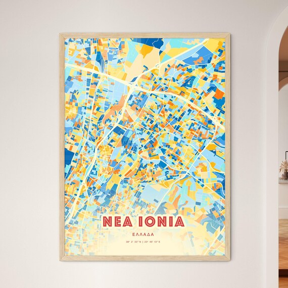 Nea Ionia Greece Colorful Blue Orange Abstract City Map Art Poster