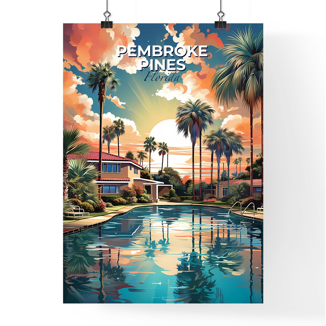 Pembroke Pines Florida Pool Palm Trees Sunset Home Travel Poster - Image 4