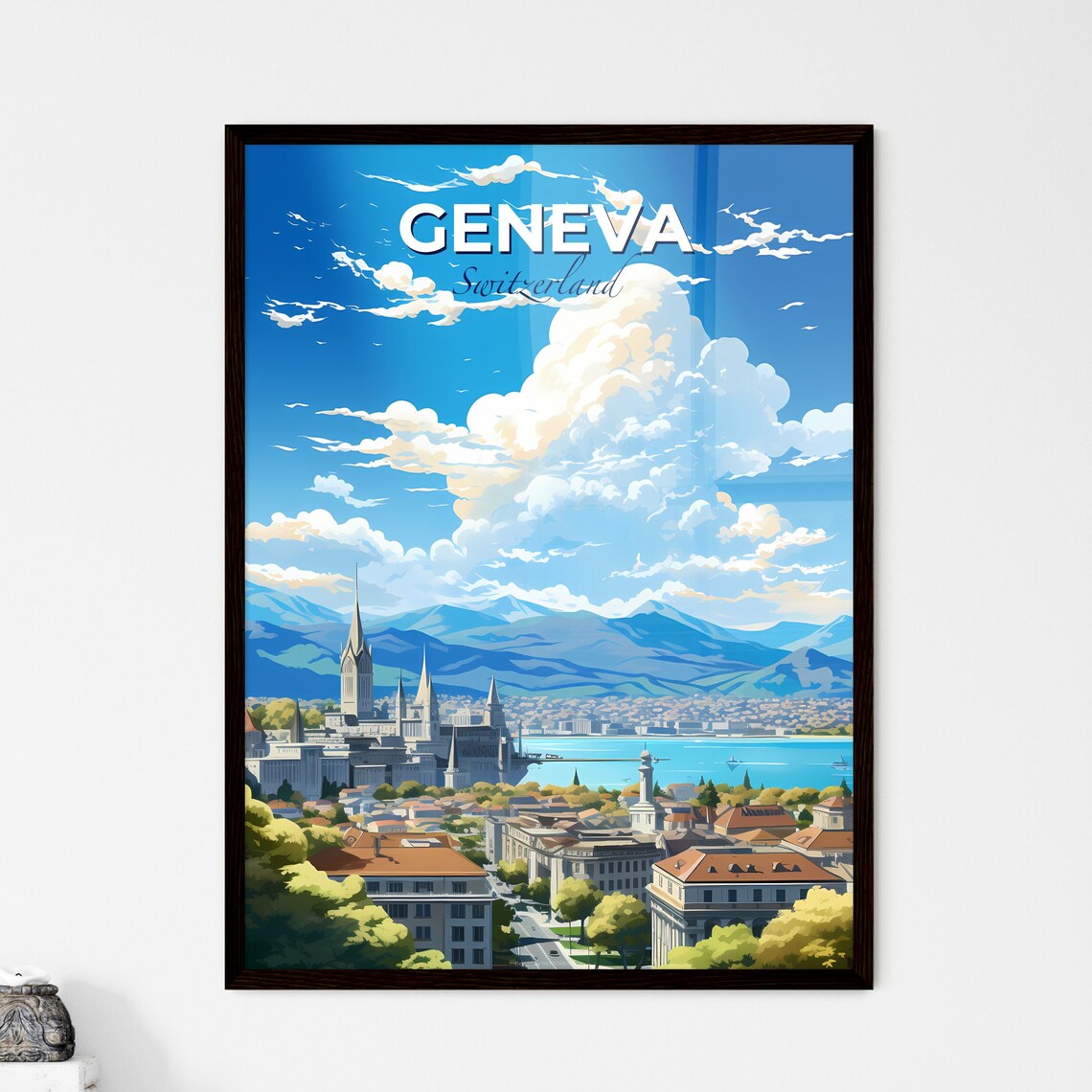 Geneva Switzerland Lake Cathedral Mountain City Alps Travel Poster