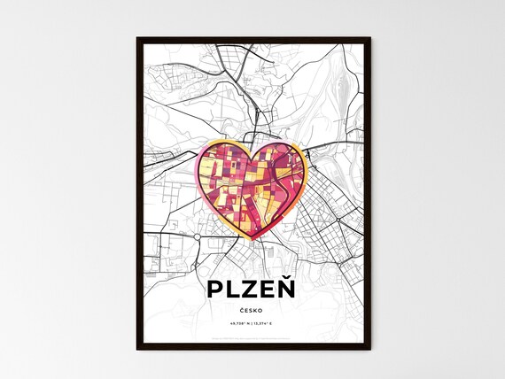 Plzeň Czechia City Modern Minimalist Heart Street Map Art Poster