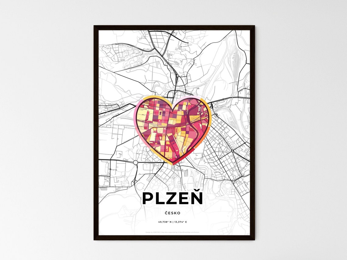 Plzeň Czechia City Modern Minimalist Heart Street Map Art Poster