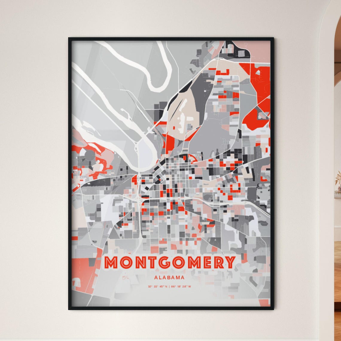 Montgomery Alabama Expressive Red Abstract City Map Art Poster
