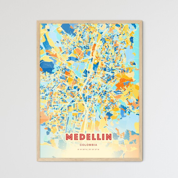 Medellin Colombia Colorful Blue Orange City Map Art Poster with Coordinates