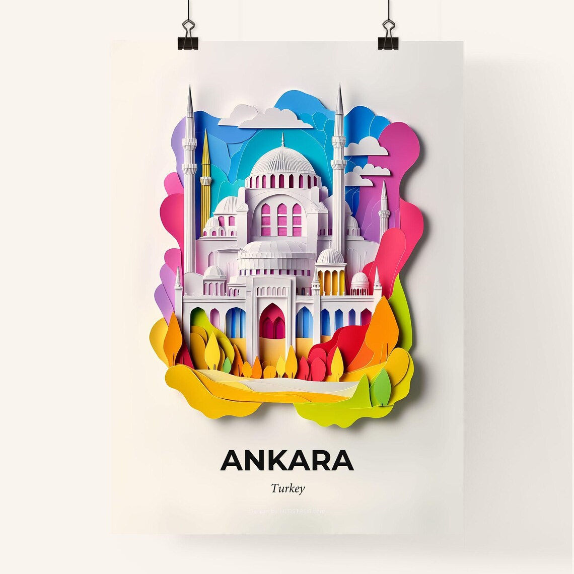 Ankara Turkey Grand Mosque Minarets Paper Cut City Art Poster - Image 4