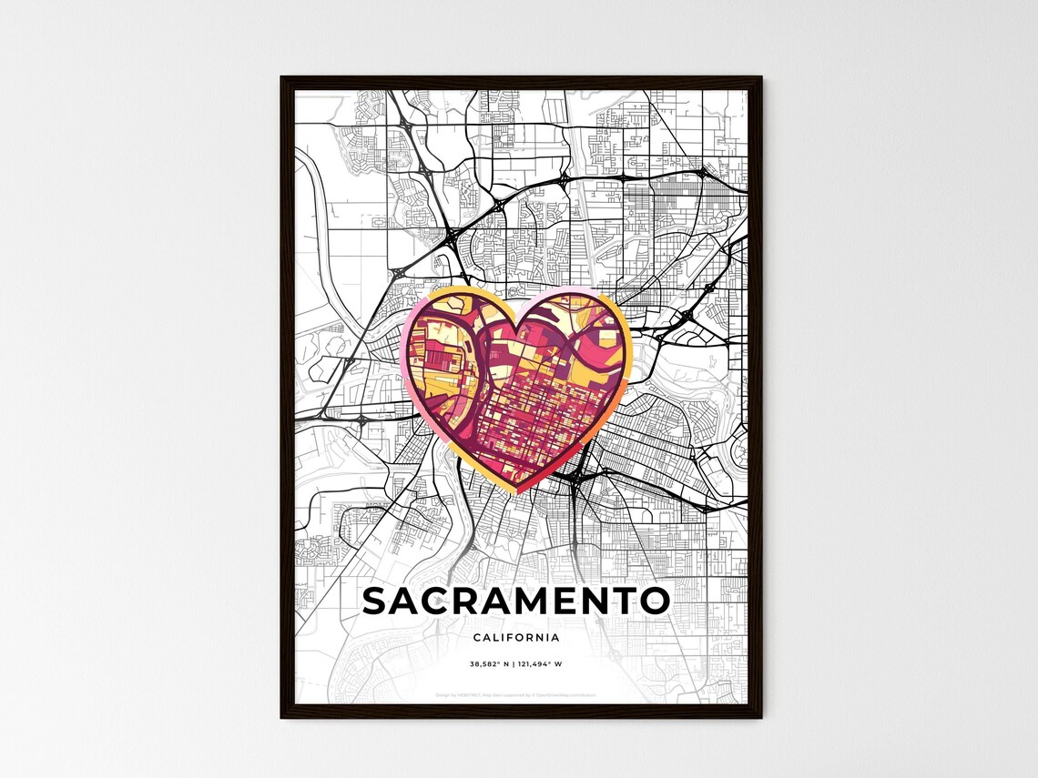 Sacramento California Minimal Map Art With Colorful Heart Icon Poster