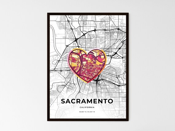 Sacramento California Minimal Map Art With Colorful Heart Icon Poster