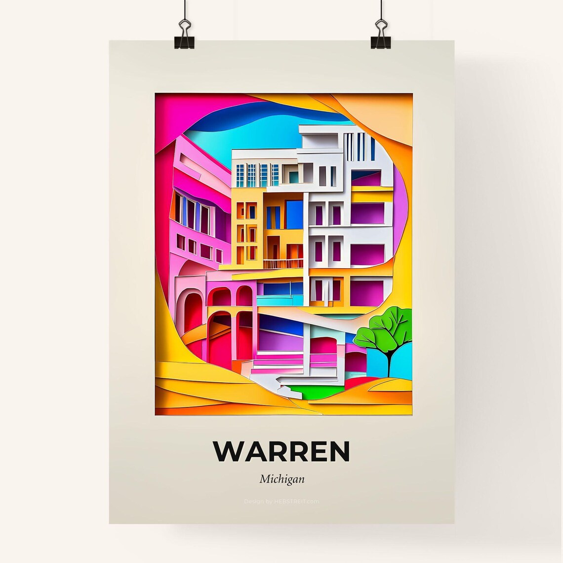 Warren Michigan Colorful City Buildings Paper Cut Art Poster - Image 4