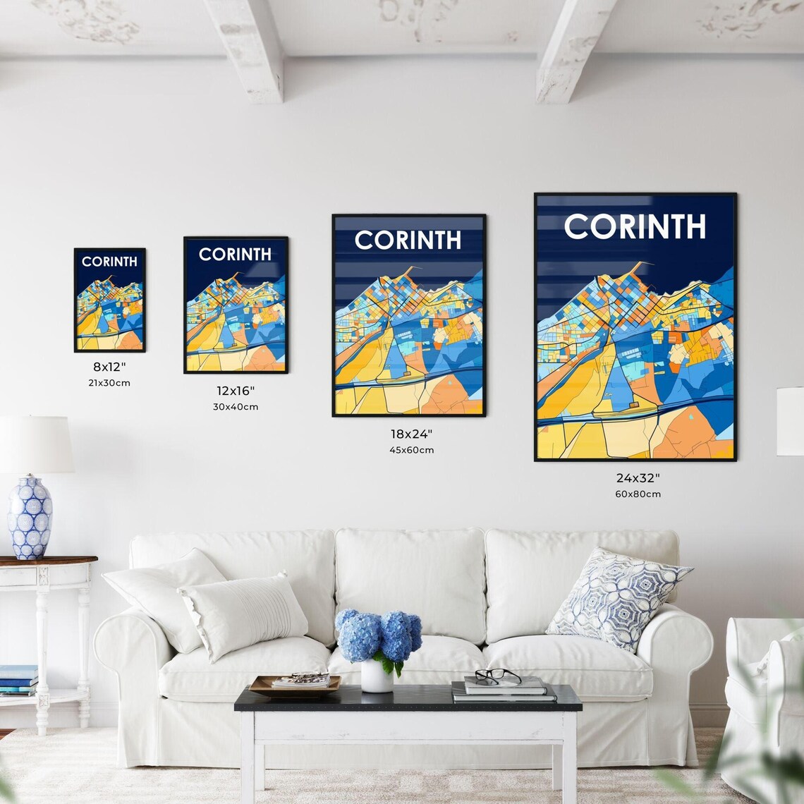 Corinth Greece Colorful Geometric City Map Art Poster in Blue and Orange - Image 3