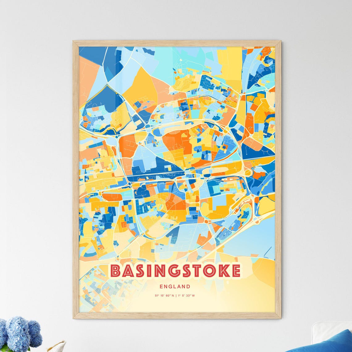 Basingstoke England Vibrant Blue Orange Mosaic City Map Poster
