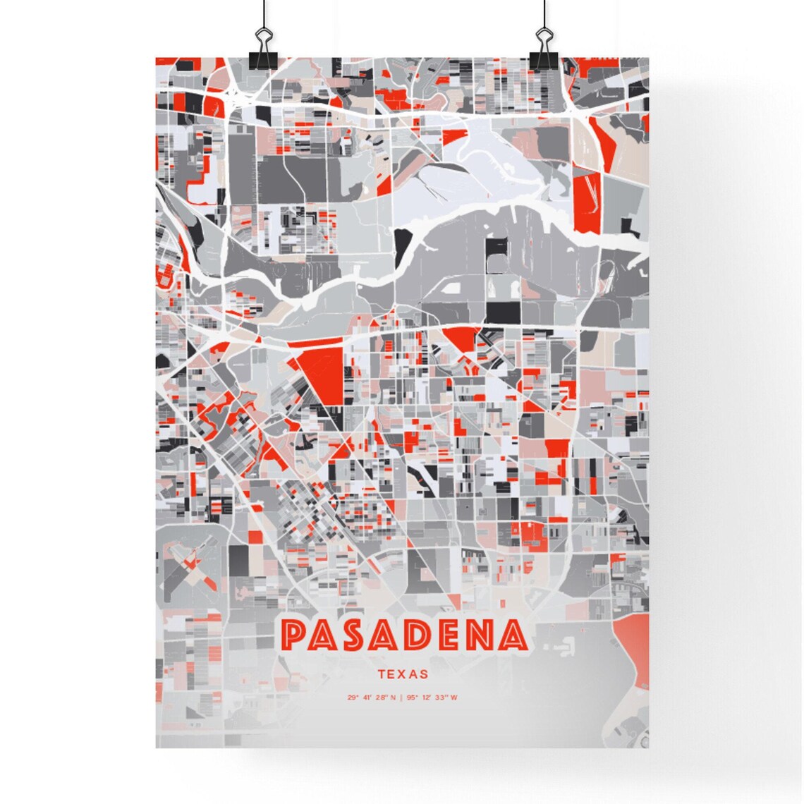 Pasadena Texas City Map Art Modern Red Gray Coordinate Poster - Image 3
