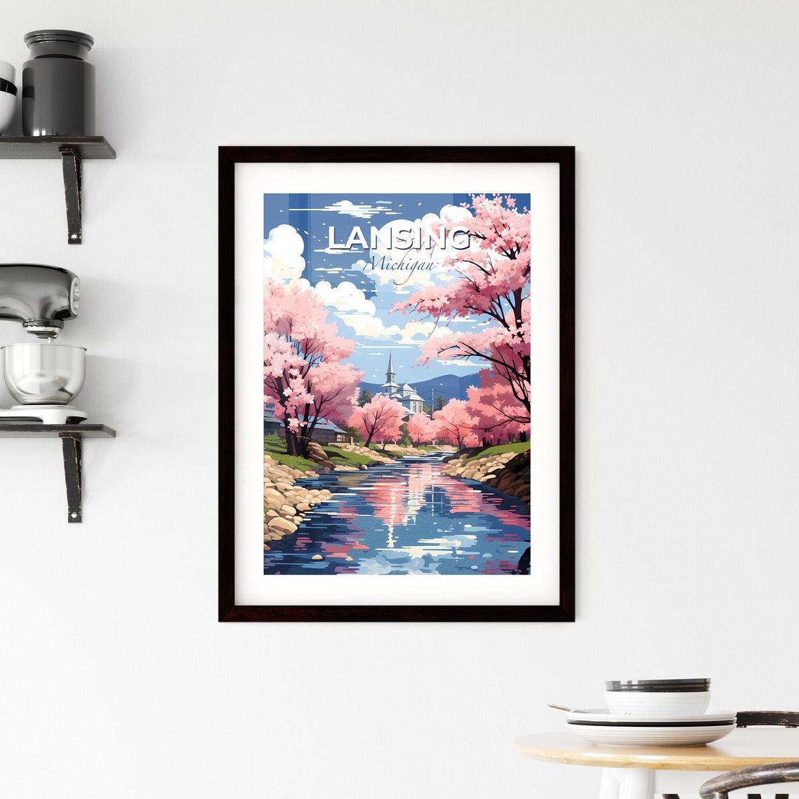 Lansing Michigan Spring Cherry Blossom River Church Steeple Poster - Image 2