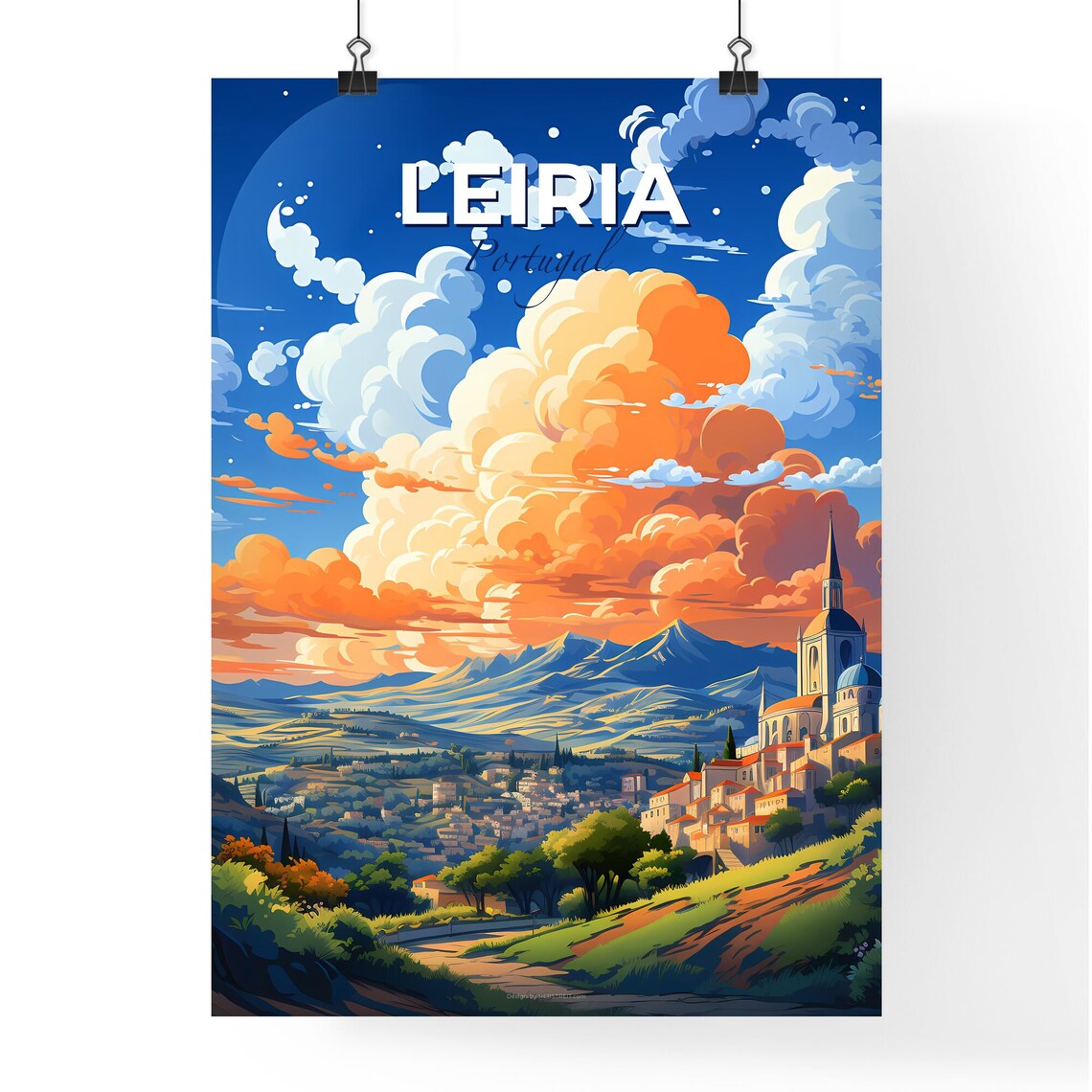 Leiria Portugal Sunset Clouds Church Spire Town View Art Poster - Image 4