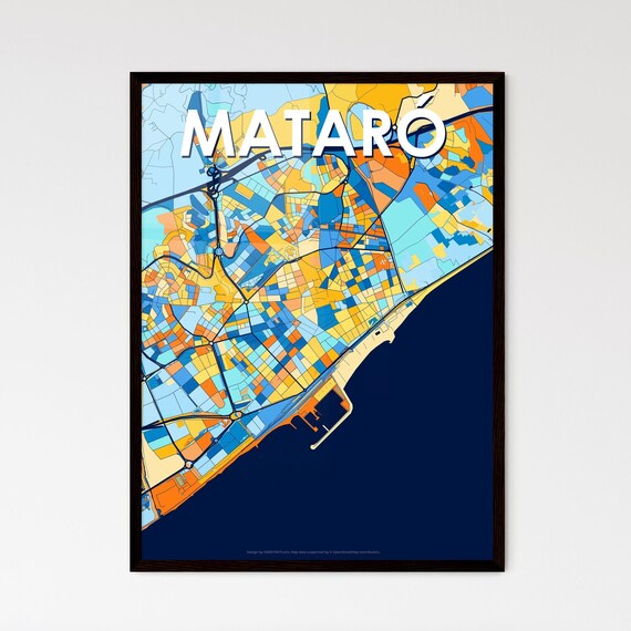 Mataró Spain Bold Geometric City Map Art Poster in Blue and Orange