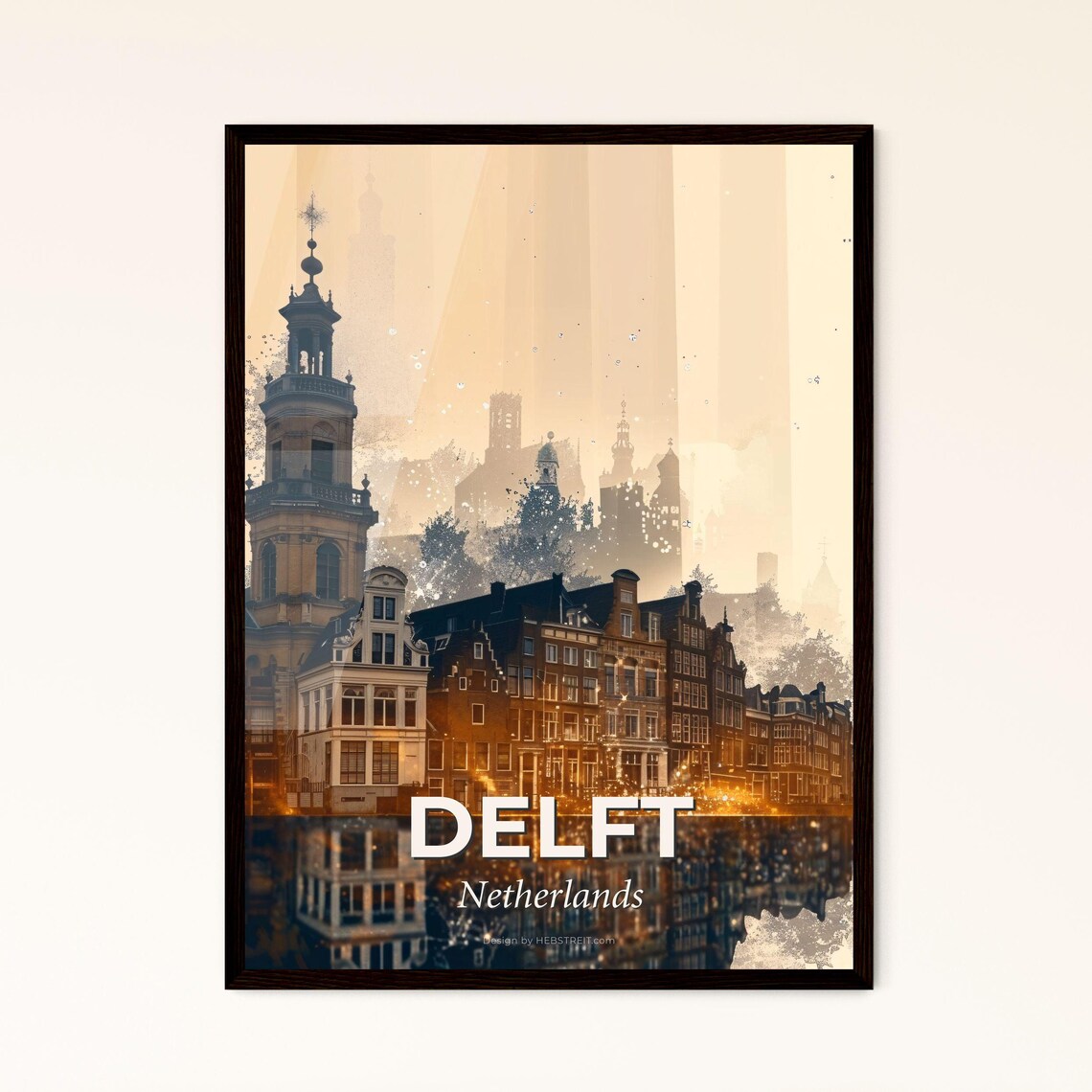Delft Netherlands Classic Canal Houses Church Tower Travel Poster