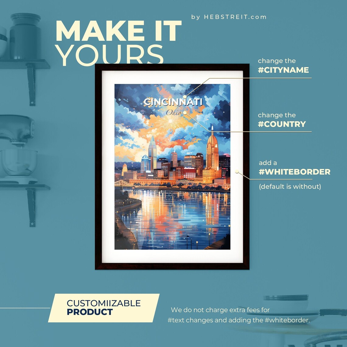 Cincinnati Ohio Travel Poster Sunset Skyline River Reflection Fireworks Art - Image 2
