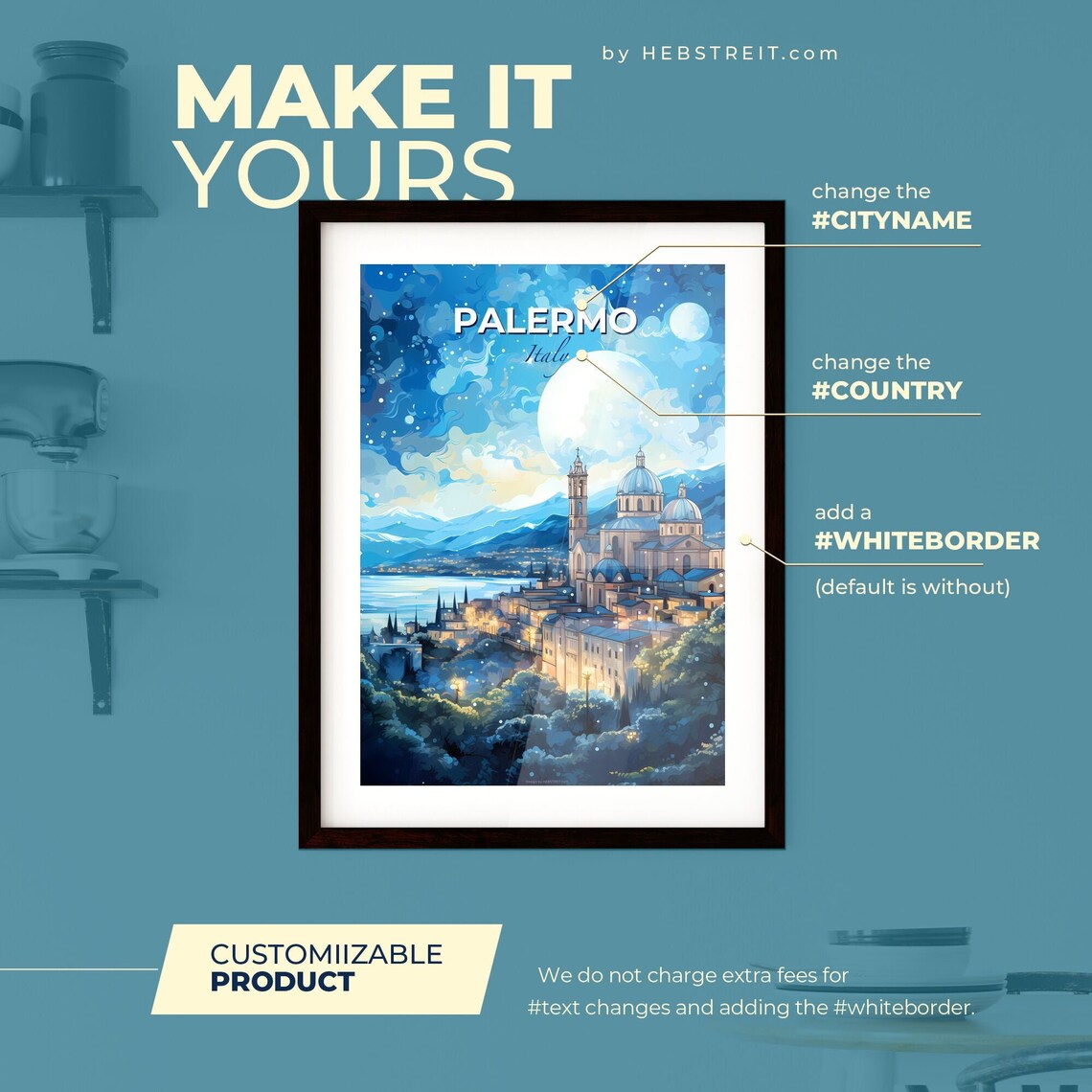 Palermo Italy Moonlit Cathedral Domes Mountain Night Sky Travel Poster - Image 2