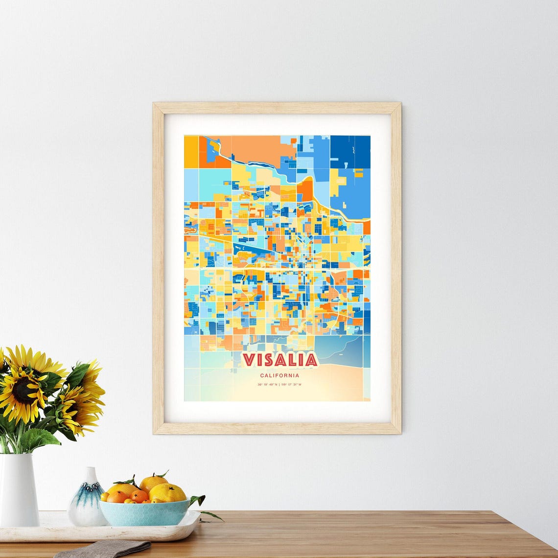 Visalia California City Map Art Poster Blue Orange Coordinates - Image 2