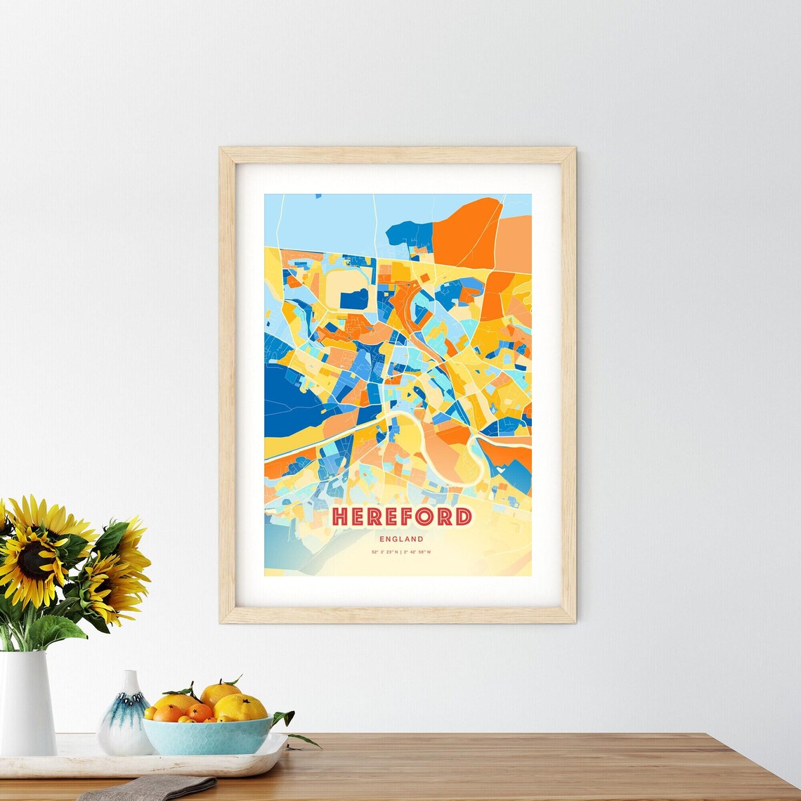 Hereford England Colorful Blue and Orange Retro City Street Map Wall Art - Image 2