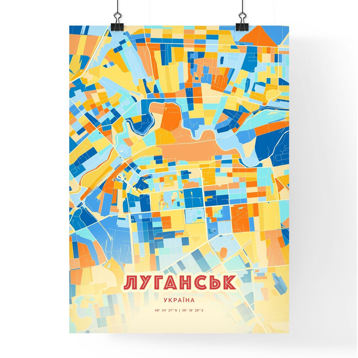 Luhansk Ukraine Blue Orange Colorful City Map Art Poster With Coordinates - Image 3