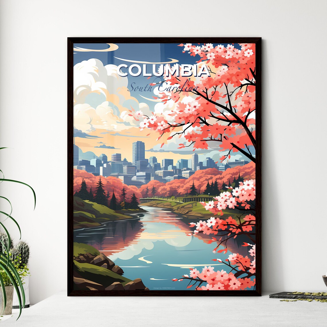 Columbia South Carolina Cherry Blossom River Skyline Travel Poster