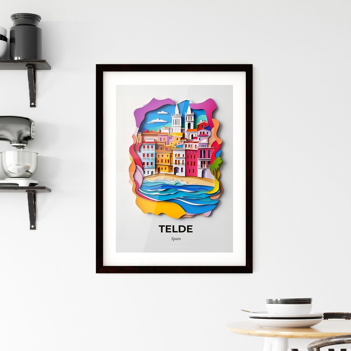 Telde Spain Beach Waves Twin Church Towers Paper Cut Art Poster - Image 2