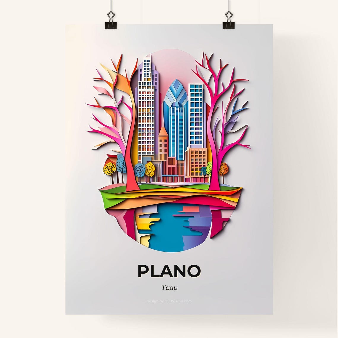 Plano Texas Colorful 3D Paper Cut Skyline Trees Lake Art Poster - Image 4