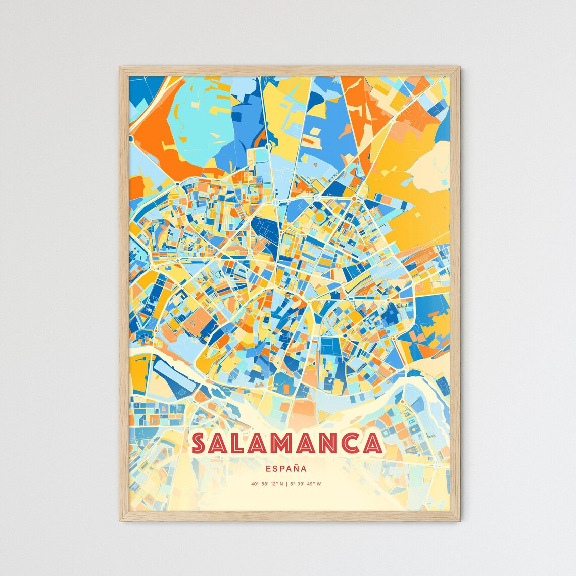 Salamanca Spain Modern Geometric Blue Orange City Map Art Poster
