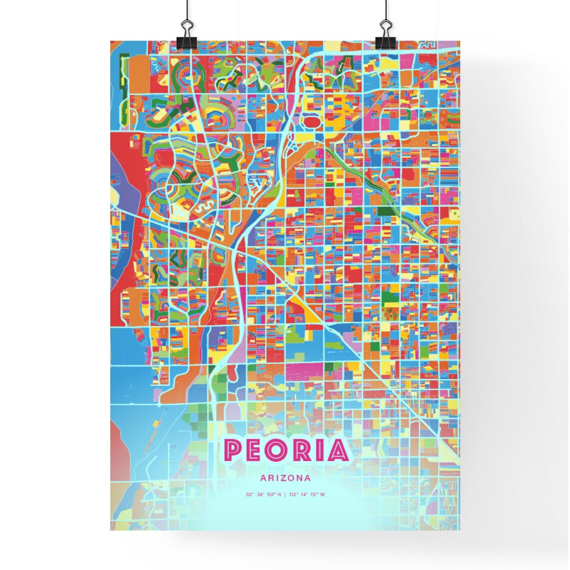 Peoria Arizona Vibrant Crazy Colorful Mosaic City Map Poster - Image 3