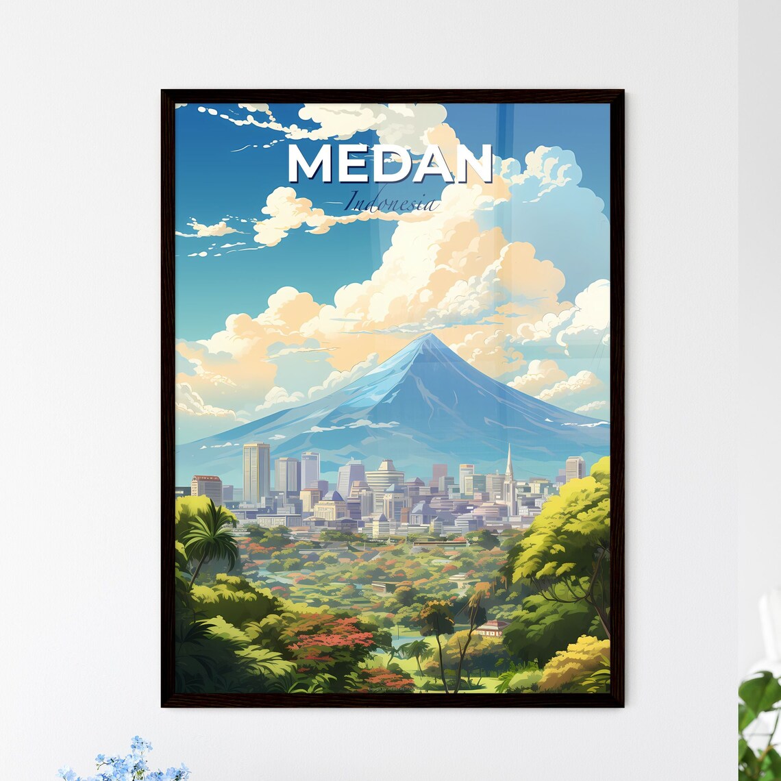Medan Indonesia Travel Poster Volcano Mountain City Skyline Jungle Illustration