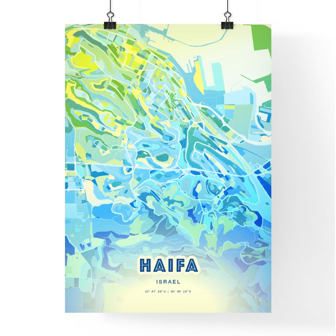Haifa Israel Pastel Blue City Map Art with Coordinates Poster - Image 3
