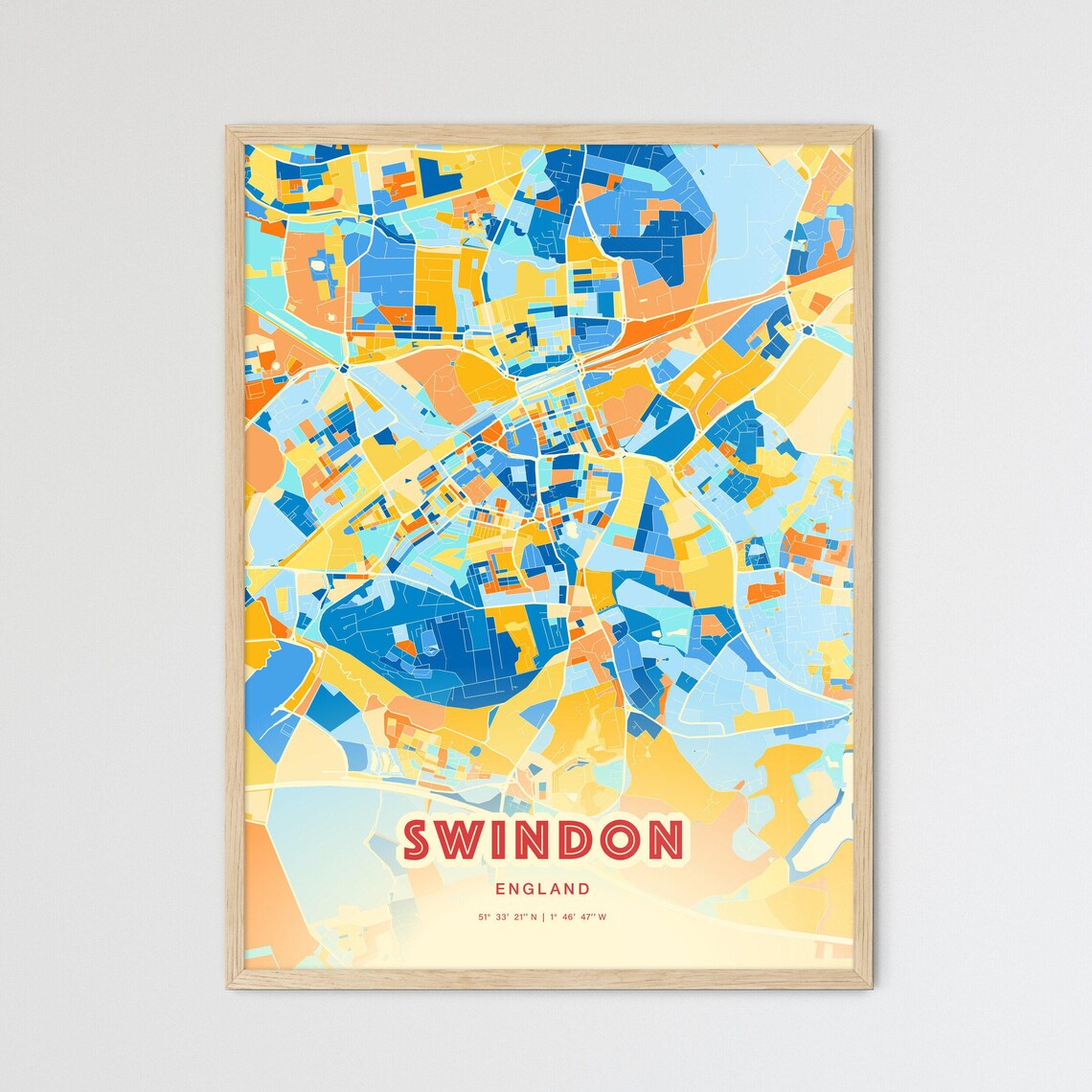 Swindon England Colorful Blue Orange Modern City Street Map Poster
