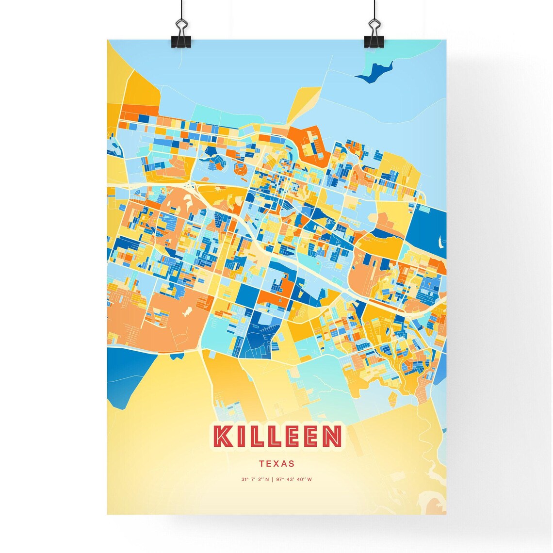Killeen Texas Colorful Blue Orange City Map Art Poster with Coordinates - Image 3