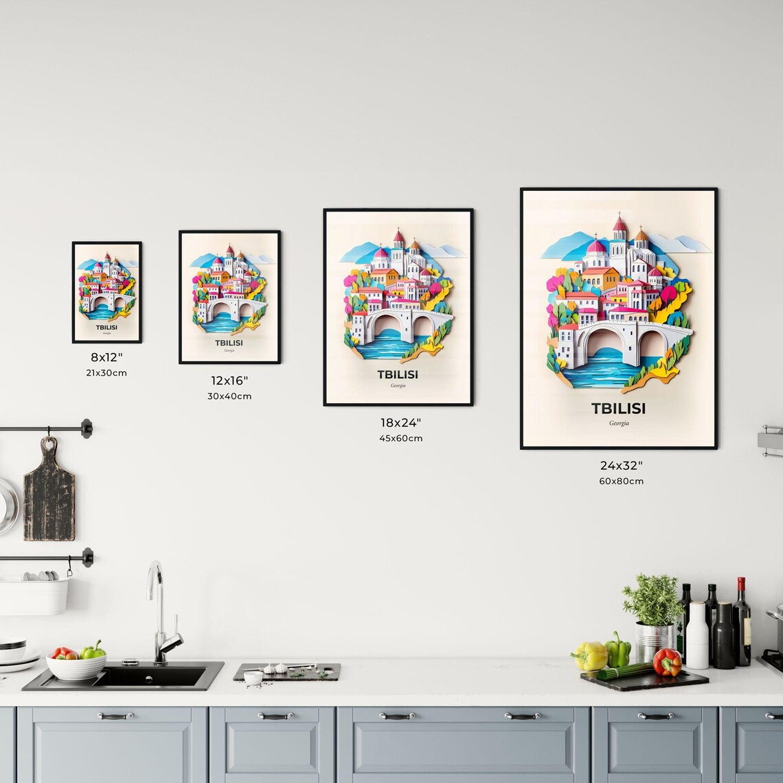 Tbilisi Georgia Old Bridge Church Colorful Paper Cut Art Poster - Image 3