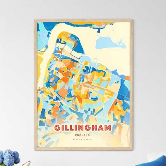 Gillingham England Vibrant Colorful City Map Art Coordinates Poster