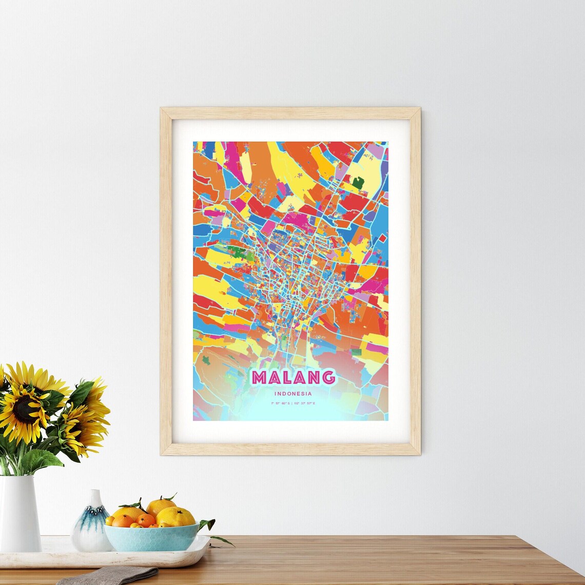 Malang Indonesia Vibrant Crazy Colorful Mosaic City Map Poster - Image 2