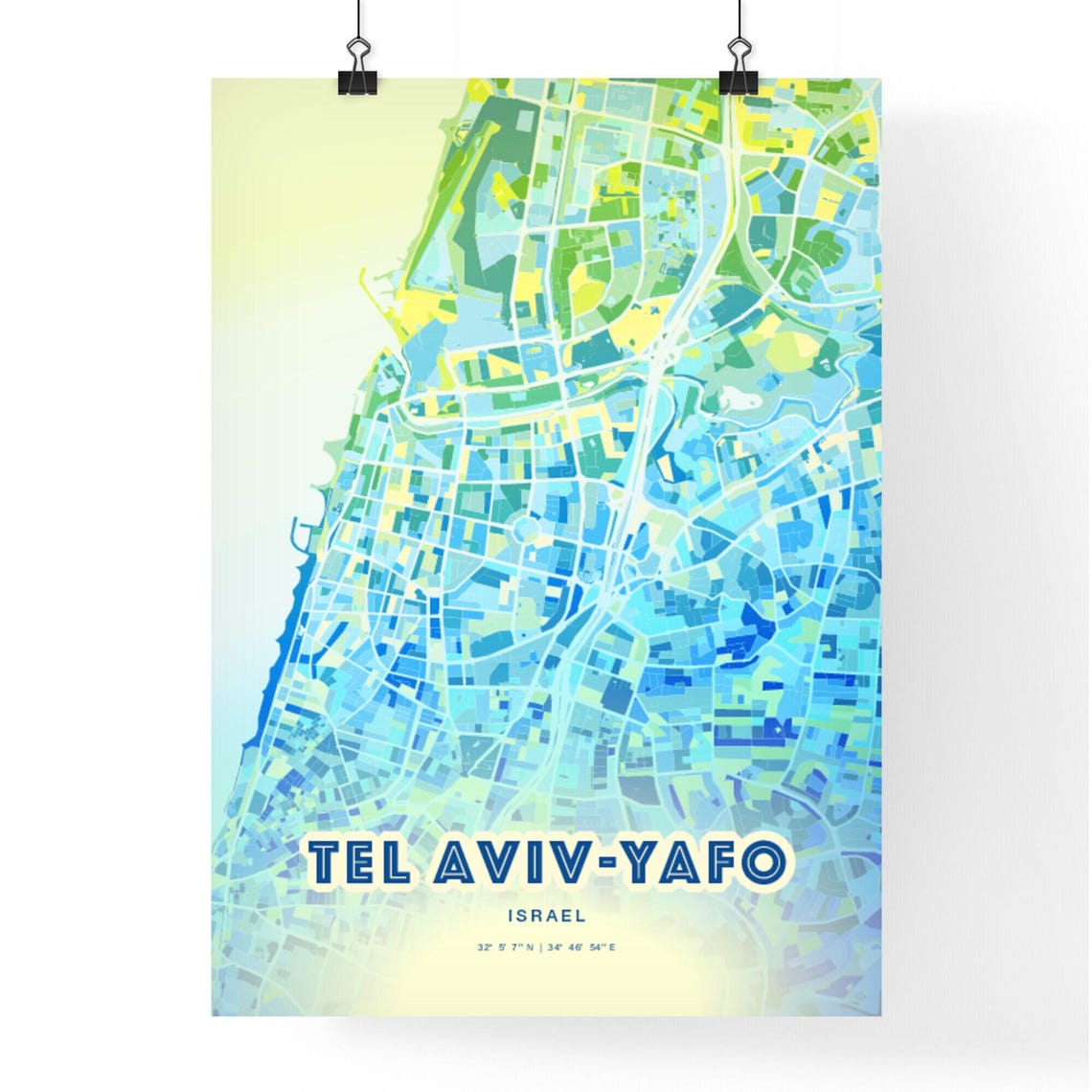 Tel Aviv Israel Pastel Blue City Map Art with Coordinates Poster - Image 3