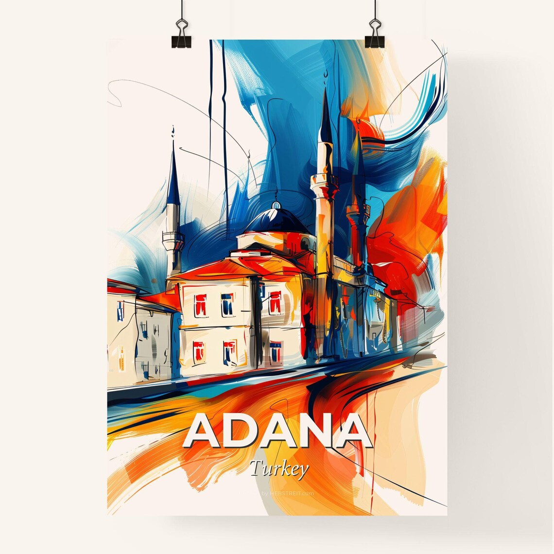 Adana Turkey Vibrant Watercolor Mosque Cityscape Decor Poster - Image 4