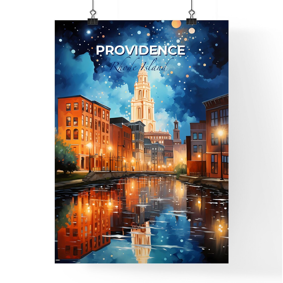 Providence Rhode Island Night River Lights City Travel Poster - Image 4