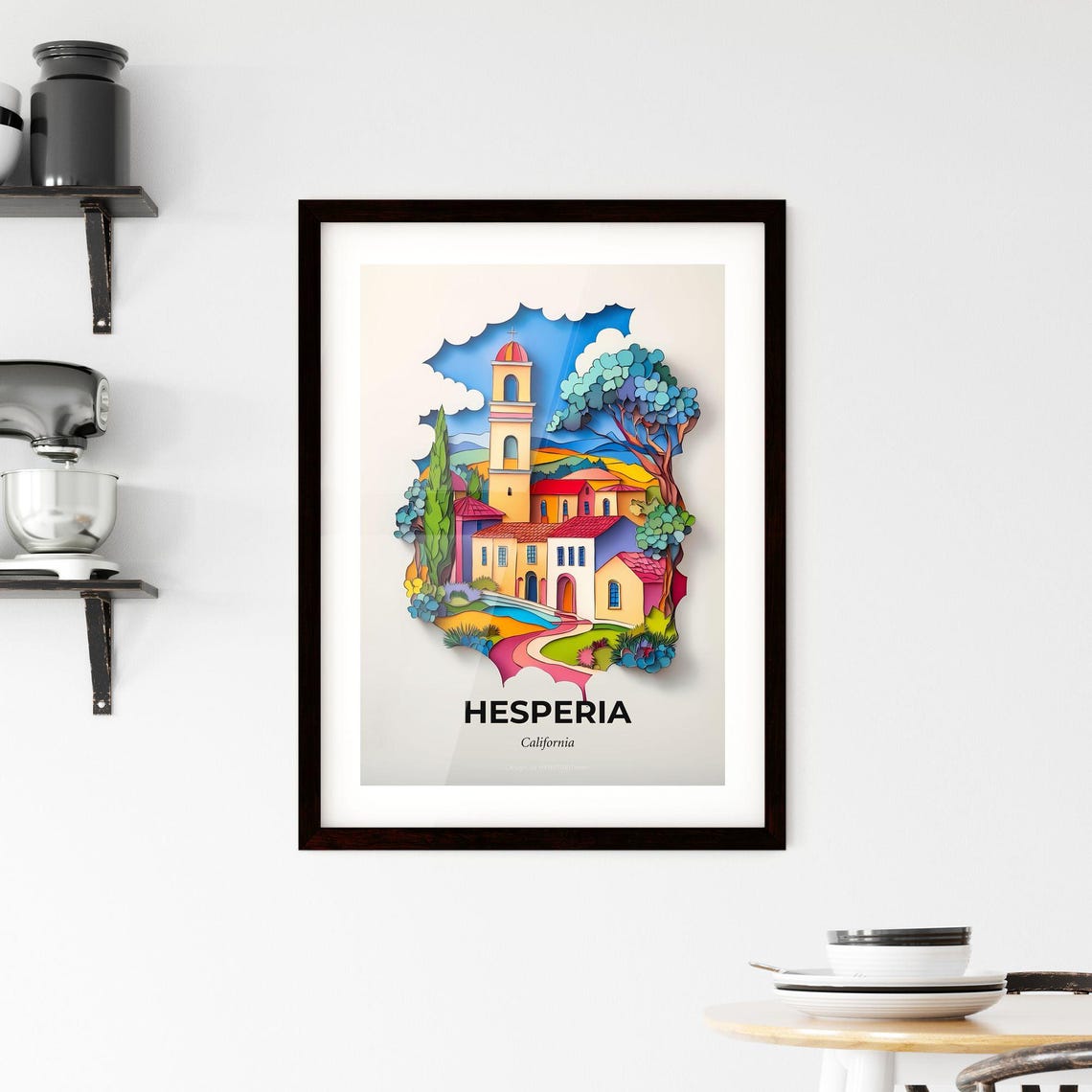 Hesperia California Colorful Paper Cut Church Tower Trees Poster - Image 2