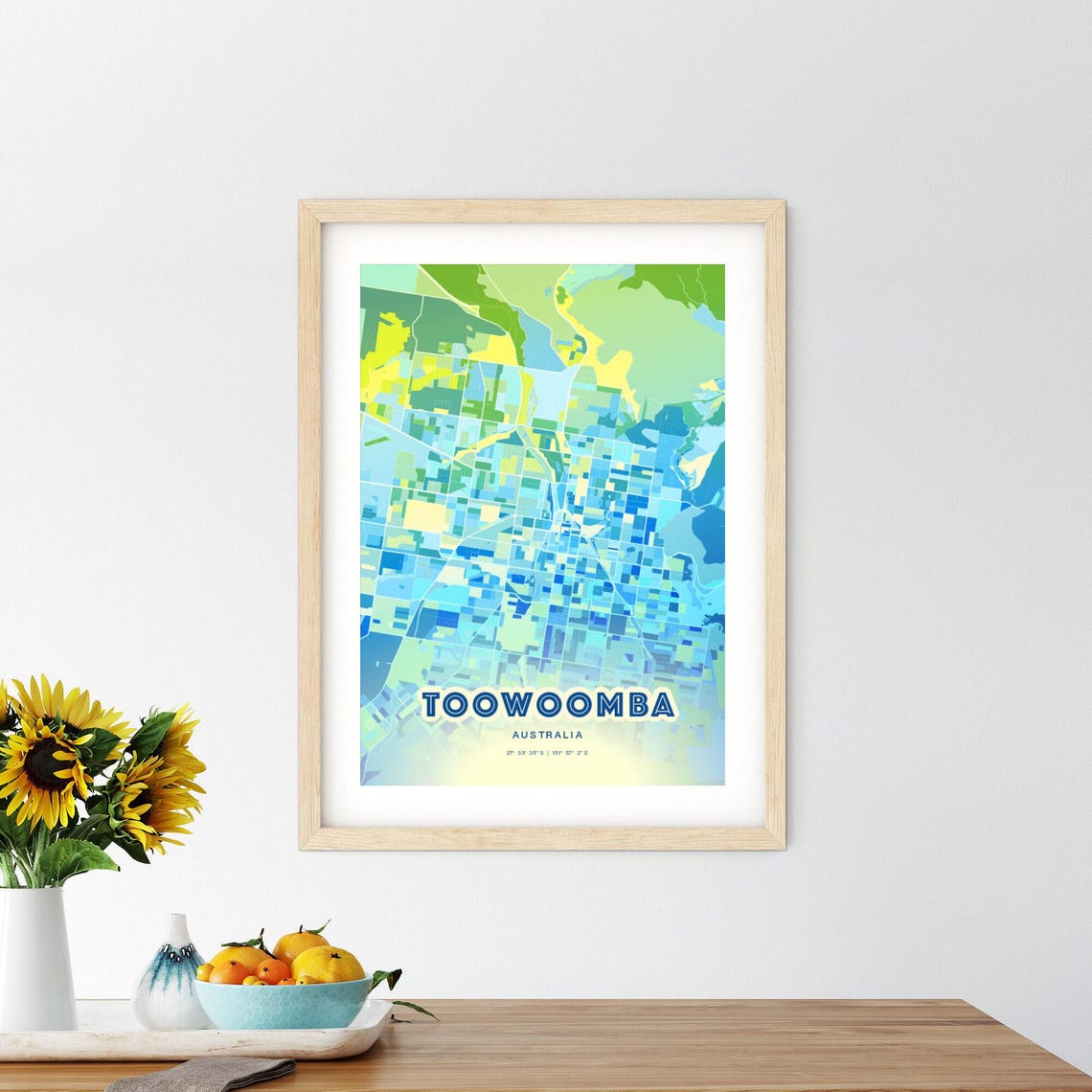 Toowoomba Australia Pastel Blue City Map Art with Coordinates Poster - Image 2