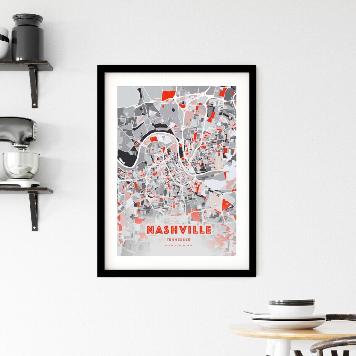 Nashville Tennessee Modern Red Gray Expressive City Map Poster Customizable - Image 2