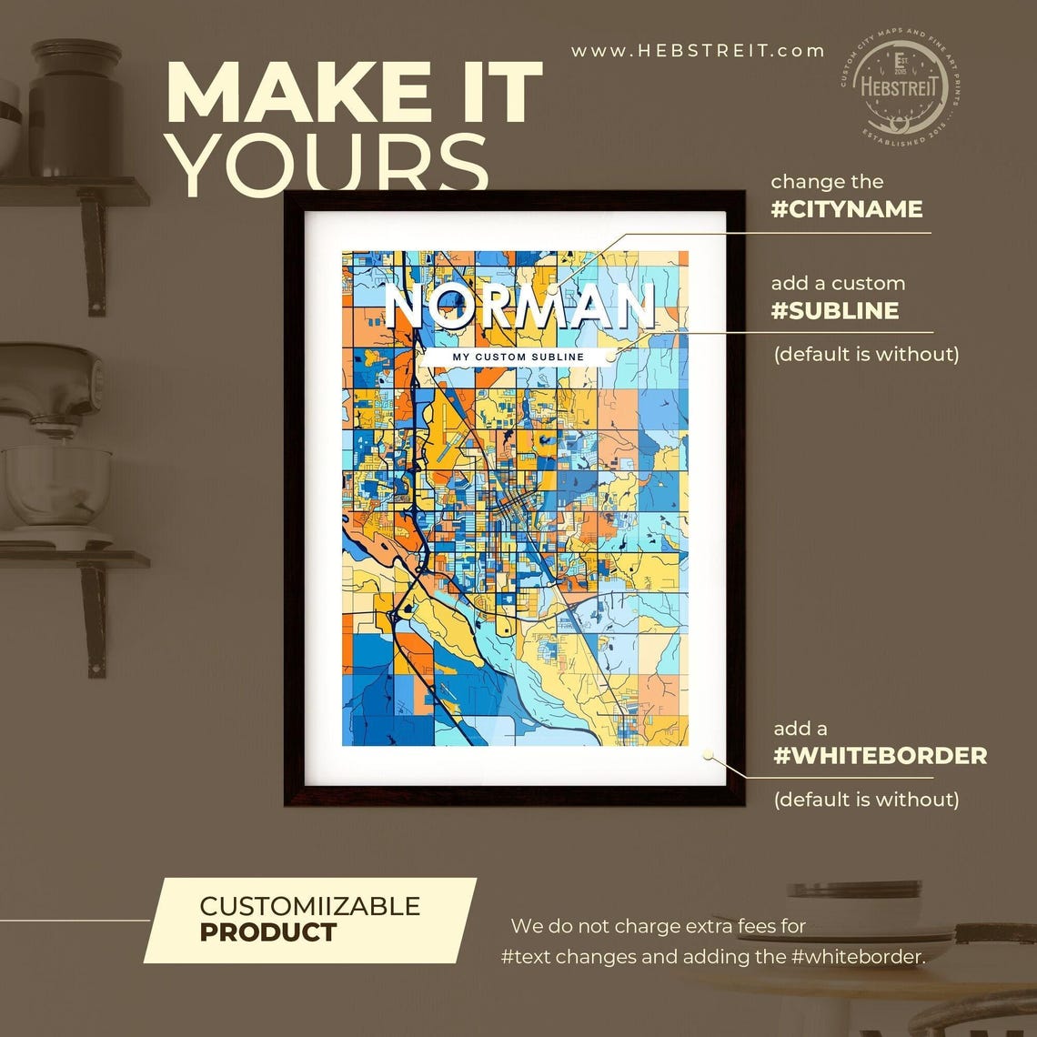 Norman Oklahoma Vibrant Stylized Blue and Orange City Map Poster - Image 2