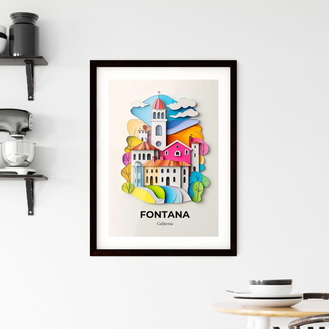Fontana California Colorful Paper Cut Church and Clouds Poster - Image 2