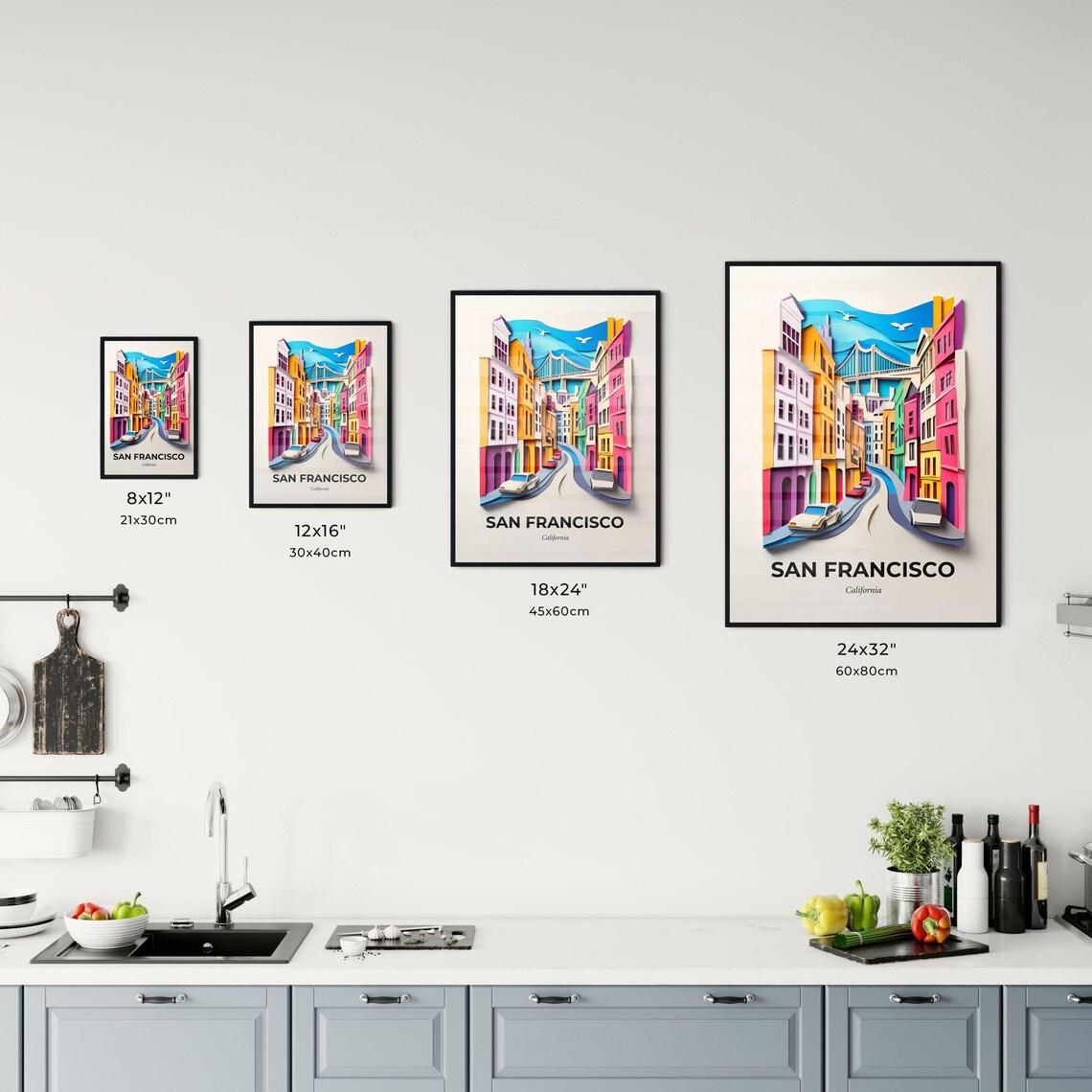San Francisco California 3D Paper Cut Street Scene Art Poster - Image 3