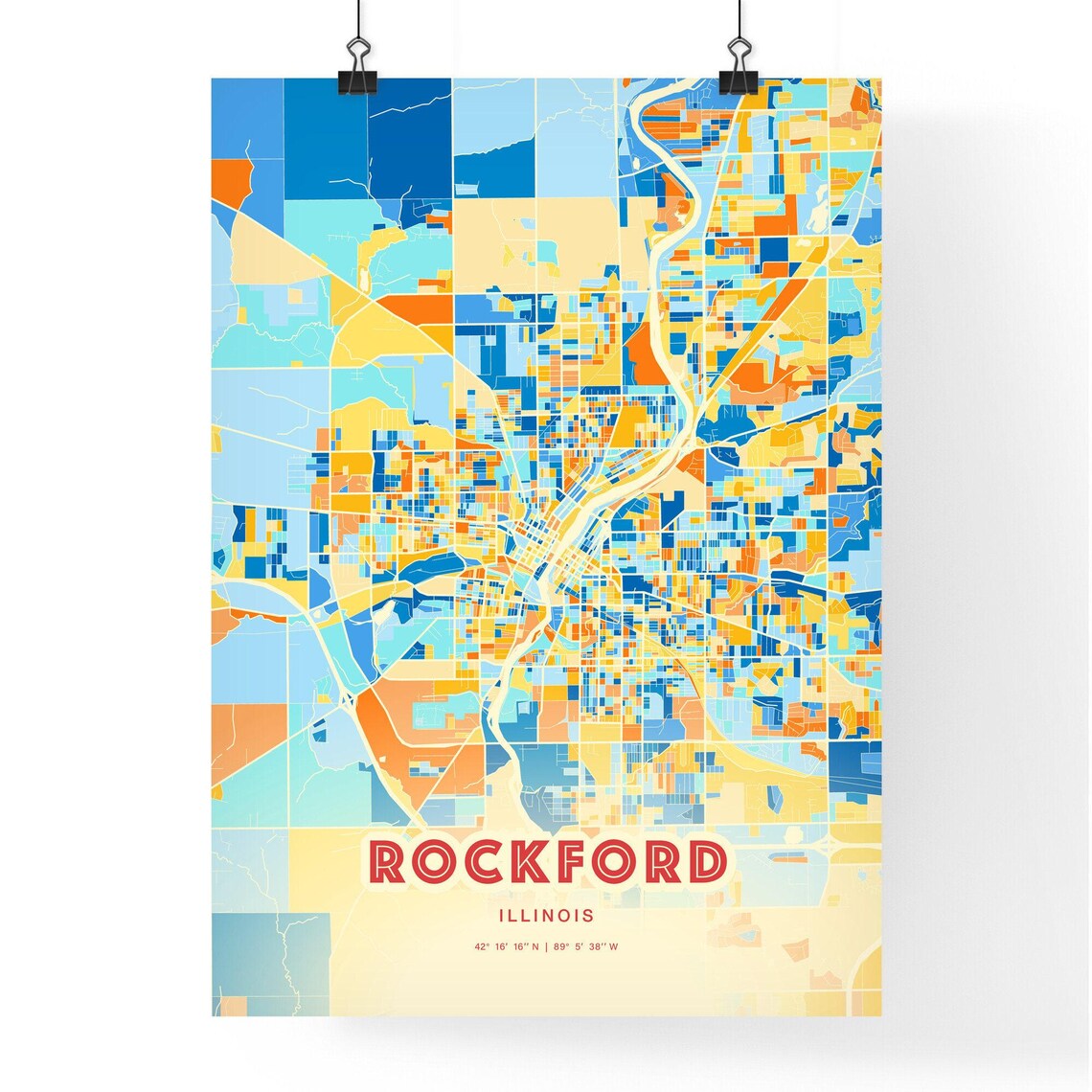 Rockford Illinois Colorful Modern Blue Orange City Map Art Poster - Image 3