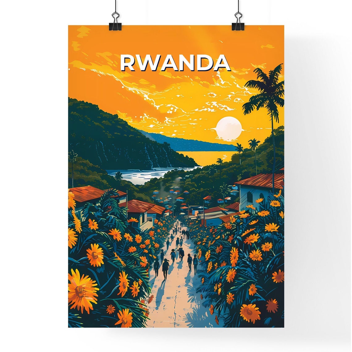 Rwanda Village Street Flower Lined Sunset Lake Vintage Travel Poster - Image 4