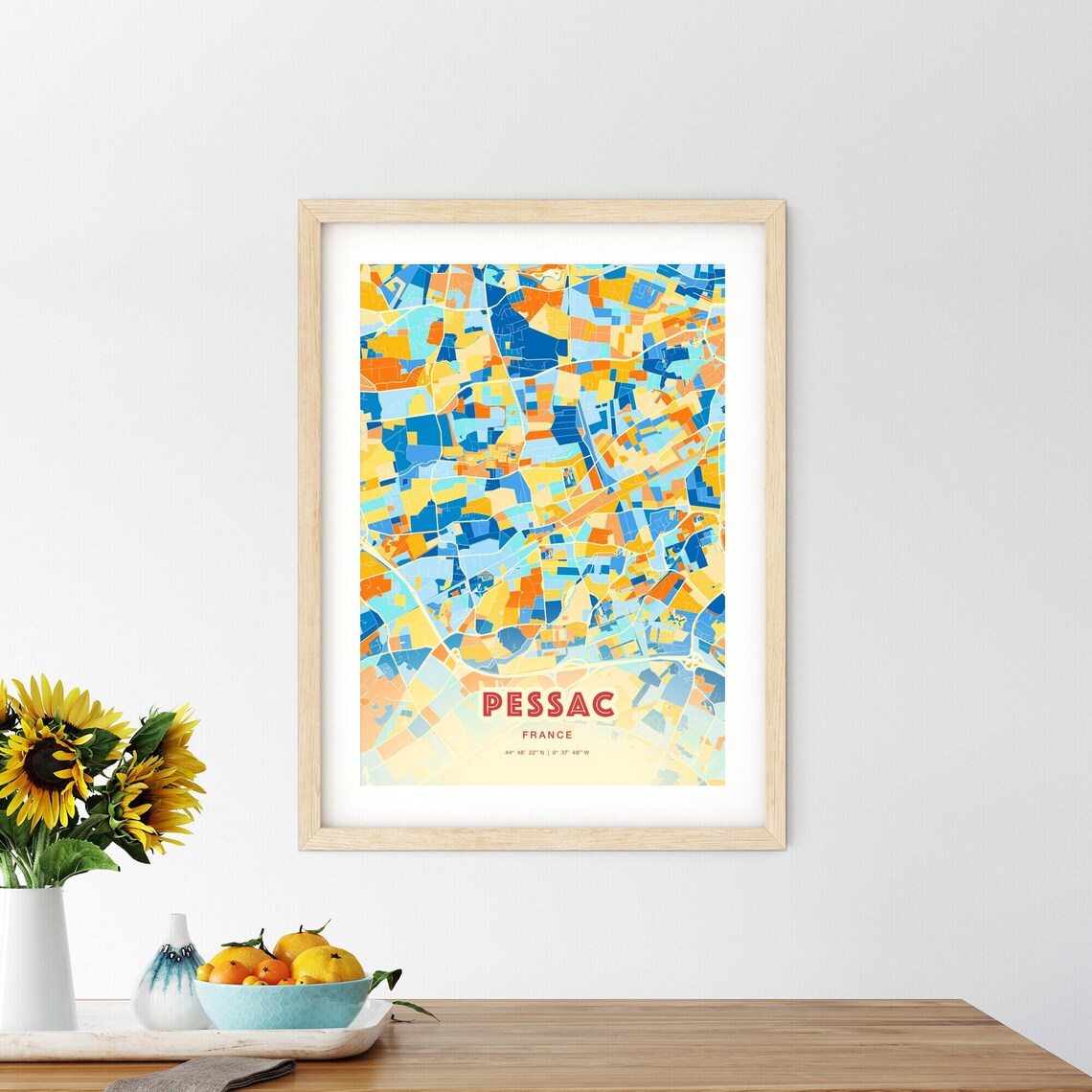 Pessac France Colorful Blue and Orange Retro City Street Map Wall Art - Image 2
