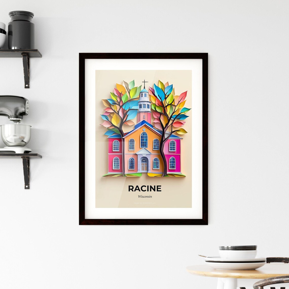 Racine Wisconsin Colorful Paper Cut Church Rainbow Trees Poster - Image 2