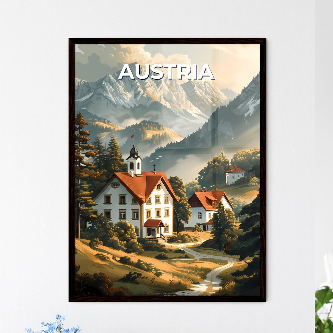 Austria Alpine Village Church Misty Mountain Valley Travel Poster